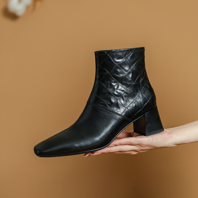 2024 Autumn Square Toe Chunky Heels for Women Vintage Leather Ankle Boots Ladies Shoes