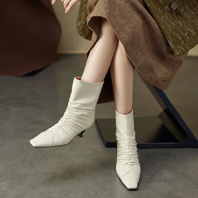 2024 Autumn Winter Women Boot Fashion Solid Pointed Toe Short Ladies Shoes High Heel Ankle Pleated Modern Boots b0bd