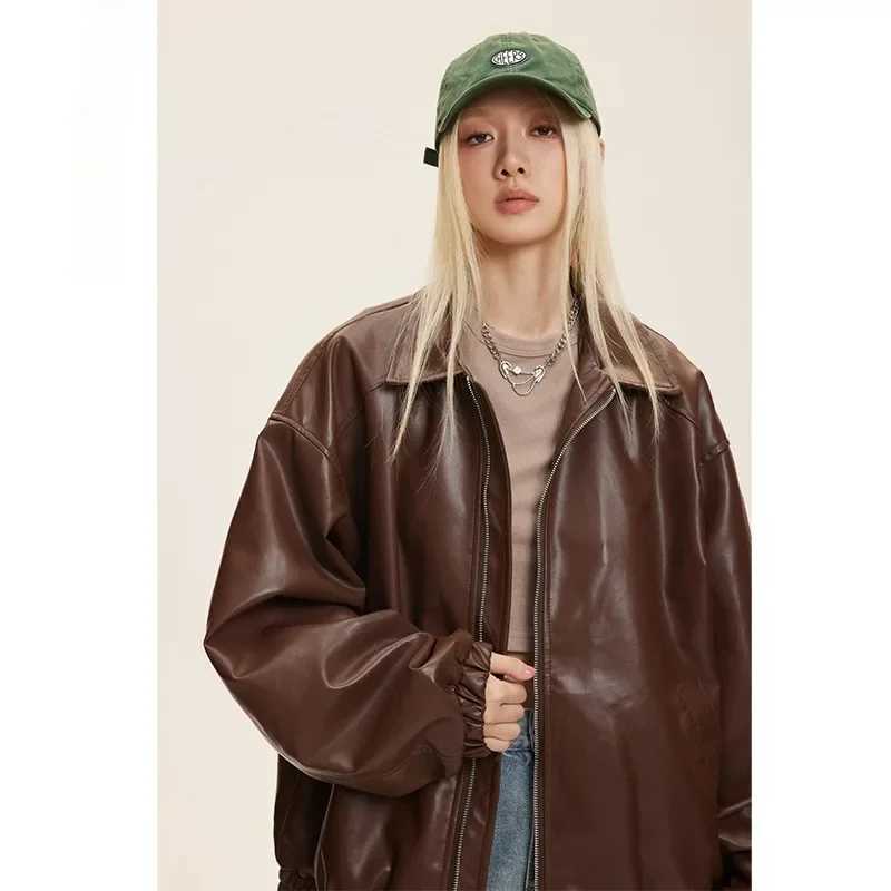 2024 Autumn New Youth Trendy Casual Loose Versatile Trendy Imitation Protein Leather Collar CoatX240913