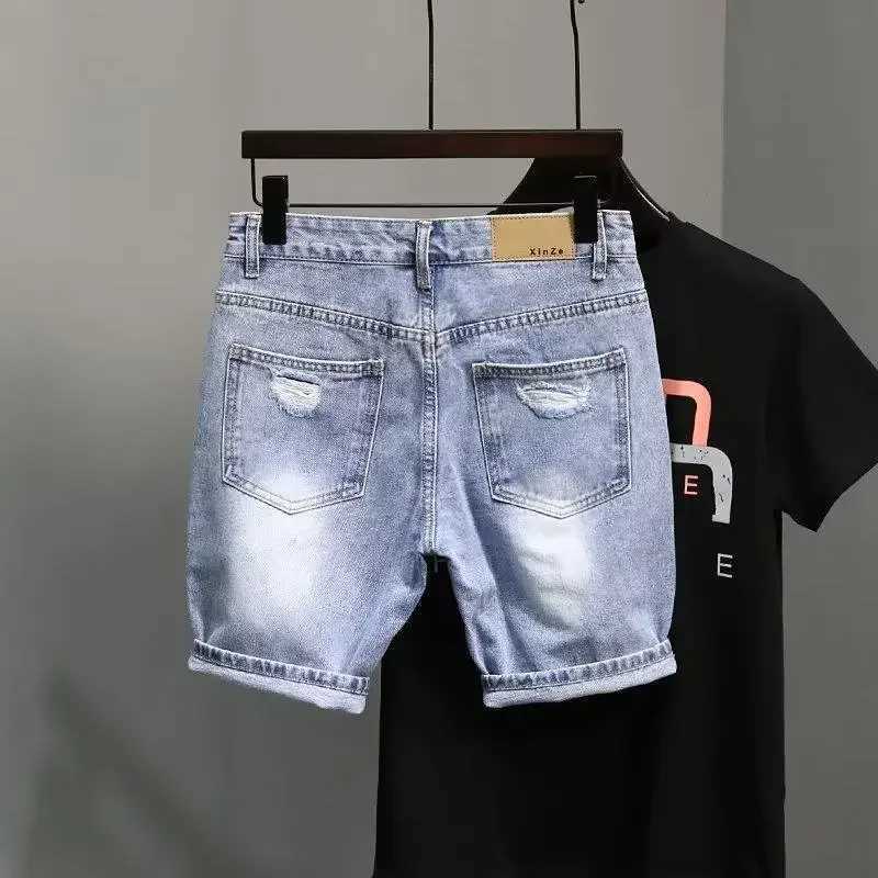 Trendy Blue Denim Shorts Men Summer Fashion Straight-leg Pocket Damaged Denim Cotton Twill Line Drawing Slim Fit Korean StyleX240914