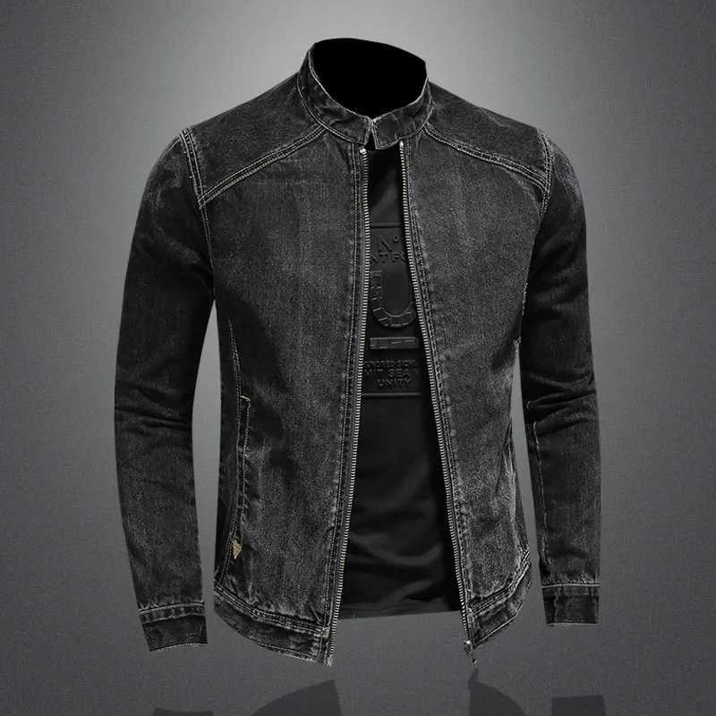 Autumn denim jacket mens long sleeved zipper retro black slim fit street fashion jacket W240914