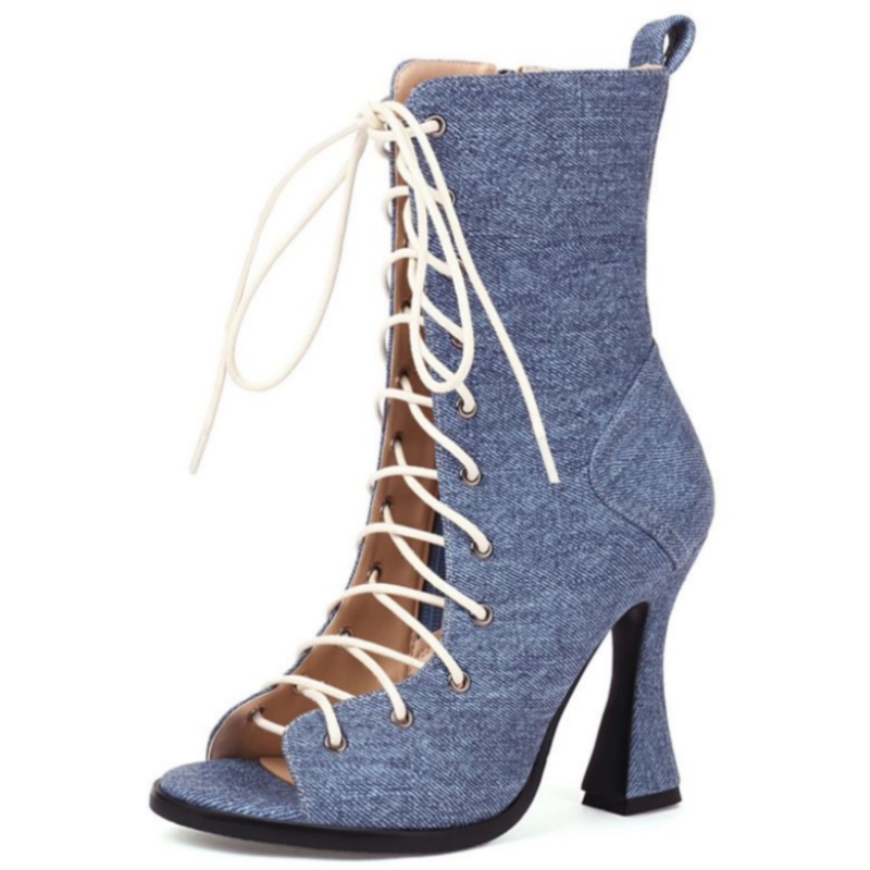 Ankle Sexy Boots For Women Lace-up Hollow Peep Toe Black Beige High Heels Jazz Dance Party Shoes Female Large Size 45 44 4ee2