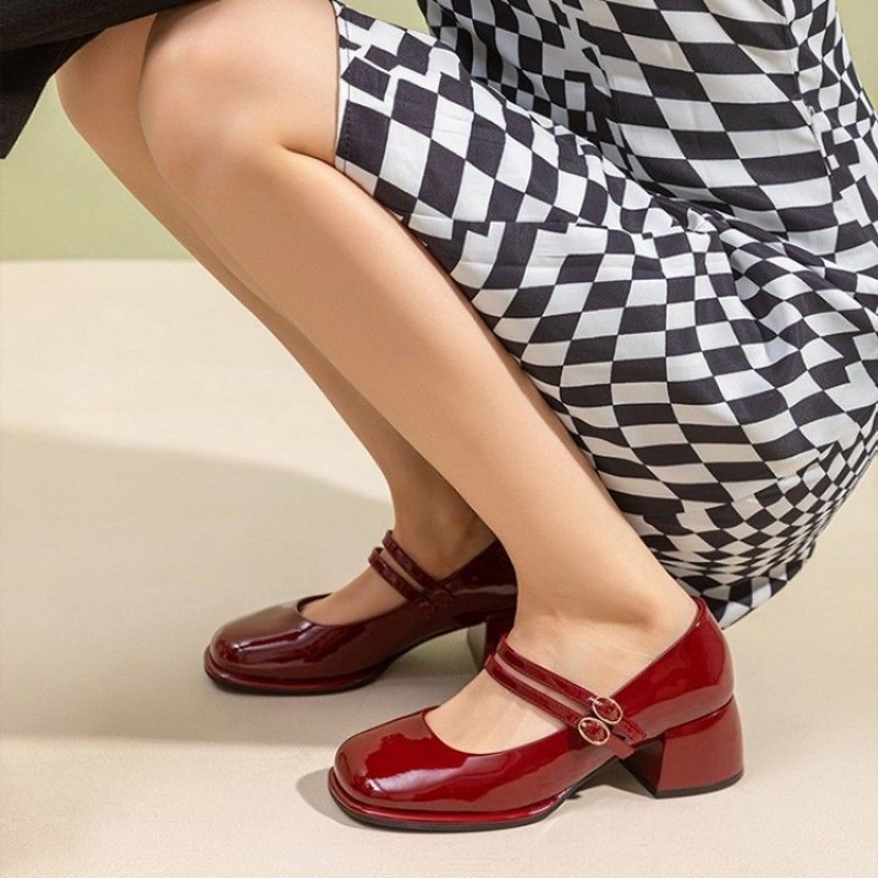 Mary Women's Jane 2024 New Spring and Autumn Thick Middle Single Shoes Double Buckle Fashion Pumps Red Heels Women 7418 8f7e