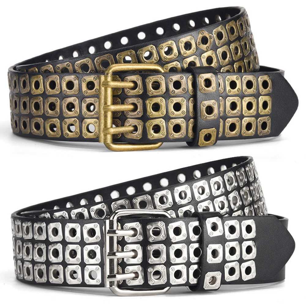 Retro Square Rivet Studded Waist Strap MenS Belt With Double Row Needle Buckle WomenS Belt Hip-Hop Rock Punk Y2k Style JeansX240914