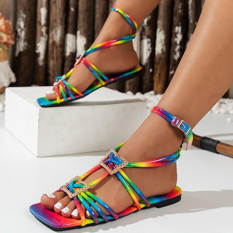 New Roman Summer Style Square Toe Thin Strappy Colourful Dia Flat Sandals Gladiator Ankle Buckle Shoes EU37-43