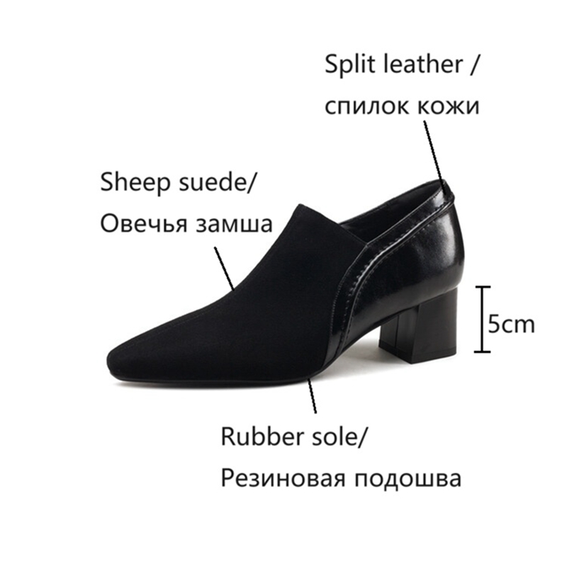 Spring/Autumn NEW Loafers Sheep Suede Leather for Pointed Toe Chunky Heel Soft Shoes Black Zipper New Women Pumps cbf6