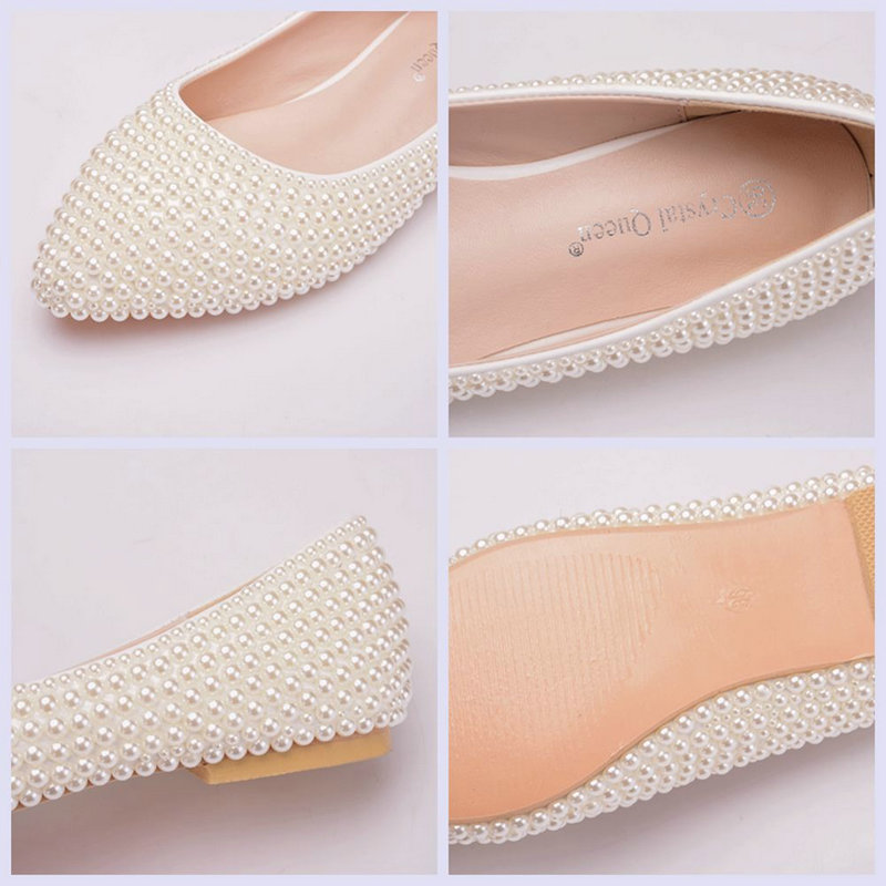 White Flat Bridesmaid Shoes Bride Wedding Pumps Women's Single Shoes Handmade Pearl Maternity Shoes