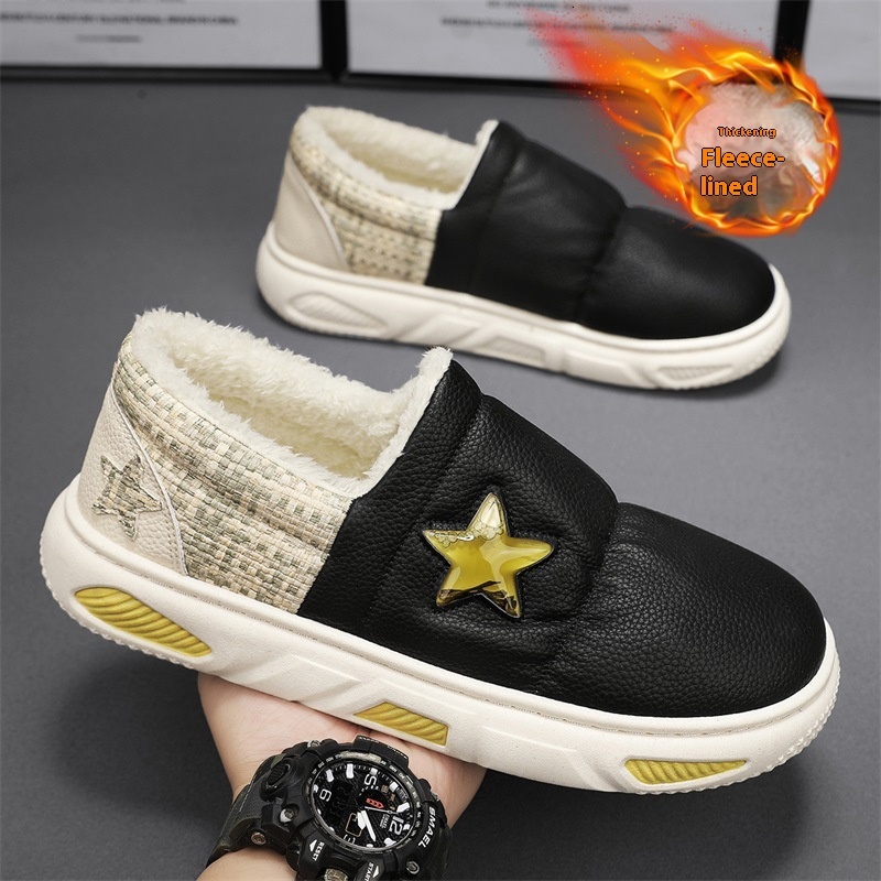 Leather face small fragrant style star shoes autumn and winter velvet men's cotton shoes, with a sense of design for West Lake Longjing snow boot