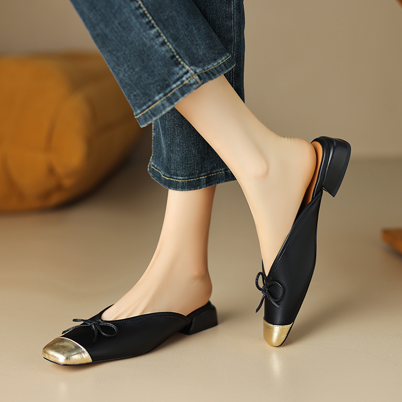 2024 Summer Genuine Leather Shoes for Covered Toe Chunky Heel Mules Sgback Women Sandals Outside Slippers 254d 863