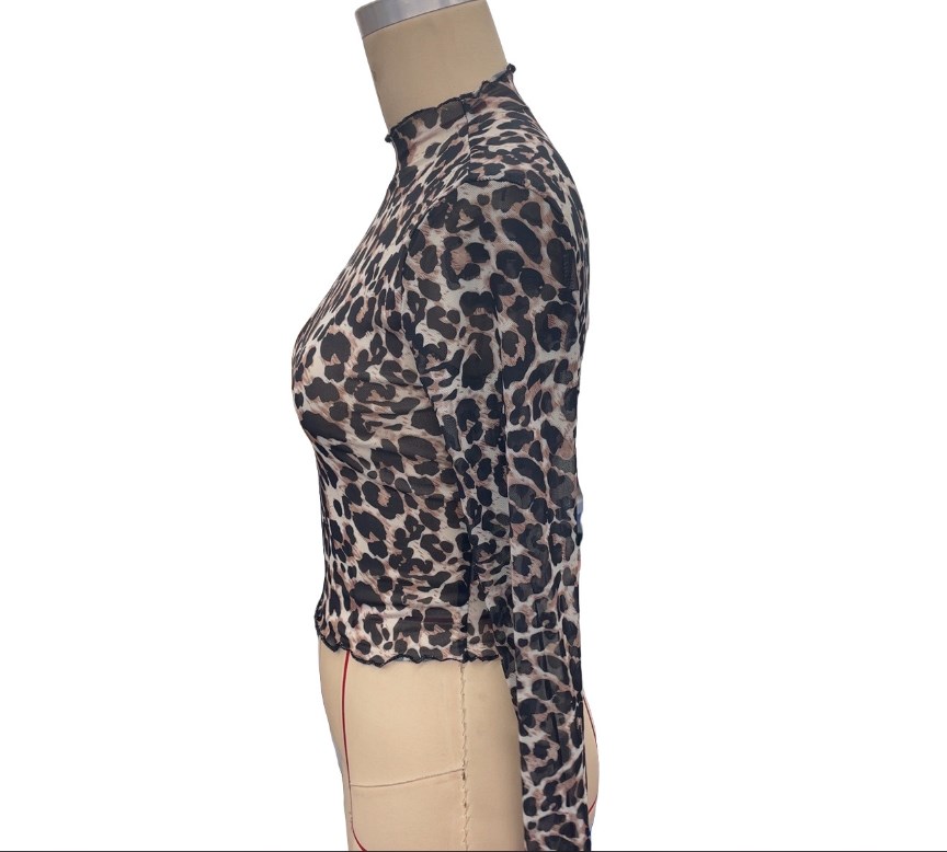 Women's T Shirts Elegant women's mesh leopard print stand up collar long sleeved short T-shirt top for women