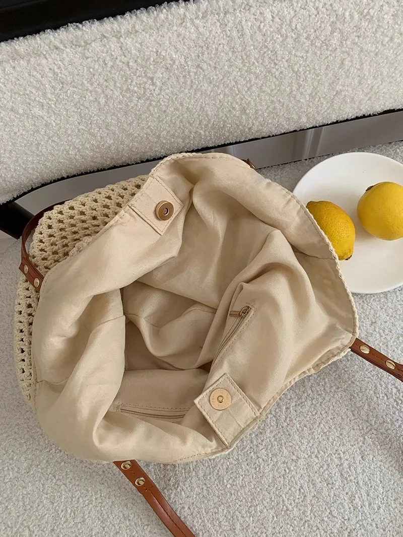 Leisure hollow large capacity handbag milk cotton woven womens shoulder bag handmade summer beach big Bali shopping 240913