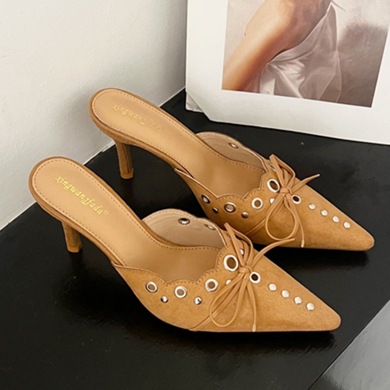 Ladies Thin Fashion Butterfly-Knot Rivet Female Slides Slippers Heels Women Footwear Mules Pumps Shoes c6d6