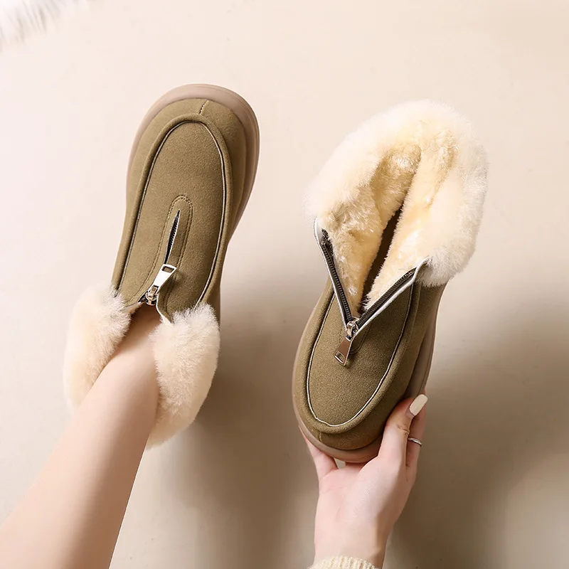 Women's Furry Cuffed Snow Boots Winter Thick Sole Suede Women's Shoes Cotton Plush Warm Short Botines Front Zipper Brown Botas