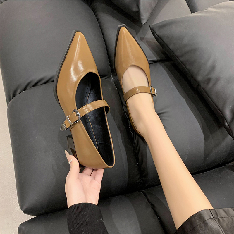 2024 New Retro Fashion Women's High Heels Pointed Toe Mary Jane Pumps Shallow Mouth Simple Thick Heel Women's Shoes