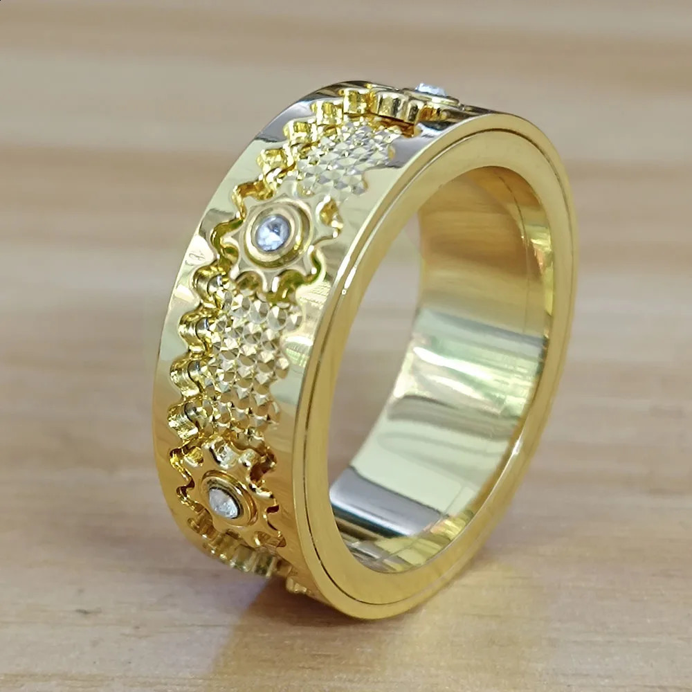 Ladies stainless steel crystal zircon inlaid with gear swing ring ious wedding party jewelry couple gift 240905