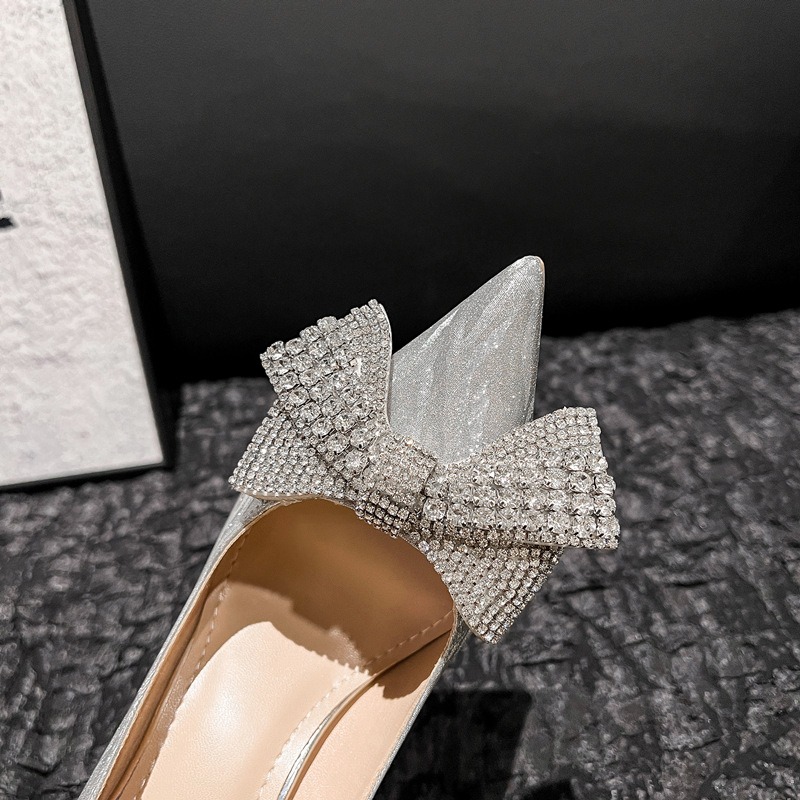 2024 New High-heeled Stiletto Pointy Diamond Bow French Fashion Sexy Single Shoe Bridesmaid Shoes