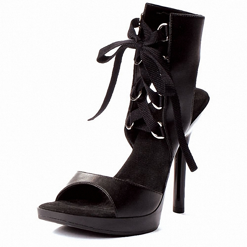 Black Ankle Boots Lace Up Open Toe 13cm Thin Heels Sexy Fetish Strip Pole Dance Gladiator Mature Exotic Dancer Cross Dressing