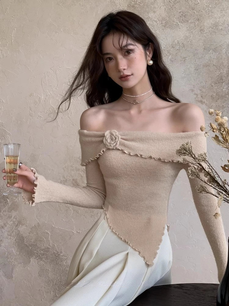 Deeptown Korean Fashion Off Shoulder Sweater Women Fairycore Aesthetic Knitted Jumper Mujer Chic Elegant Long Sleeve Top Spring 240911