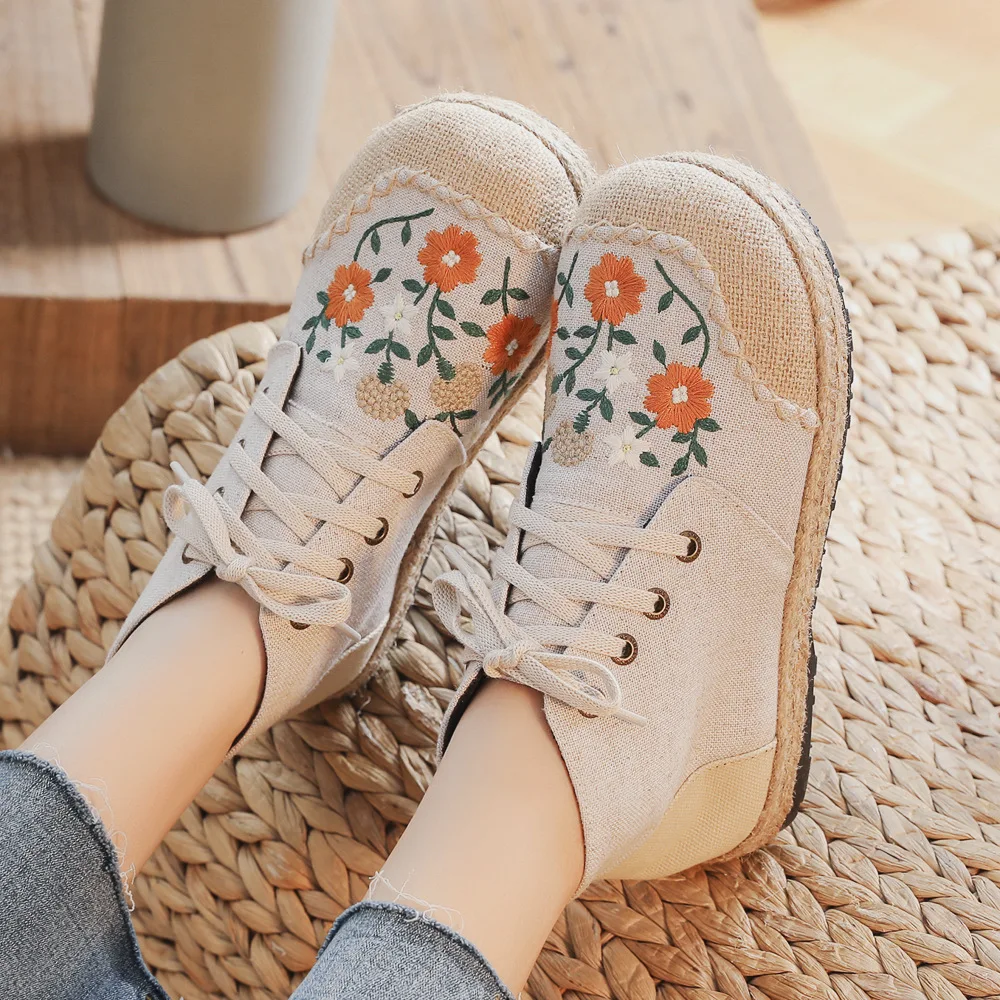 Handmade Women Vintage Embroidered Flats Booties Shoes High Top Lace Up Canvas Sneakers en Casual Leisure Espadrilles 0521