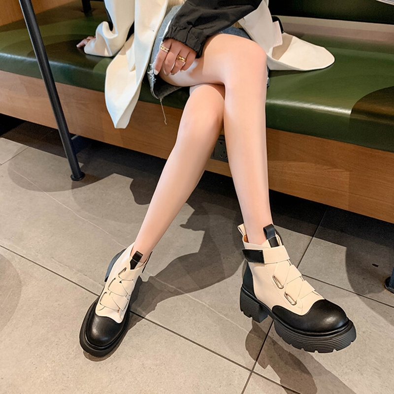Fall NEW Shoes Split Leather Round Toe Chunky Heel Mixed Colors Platform Women Short Modern Boots 8501