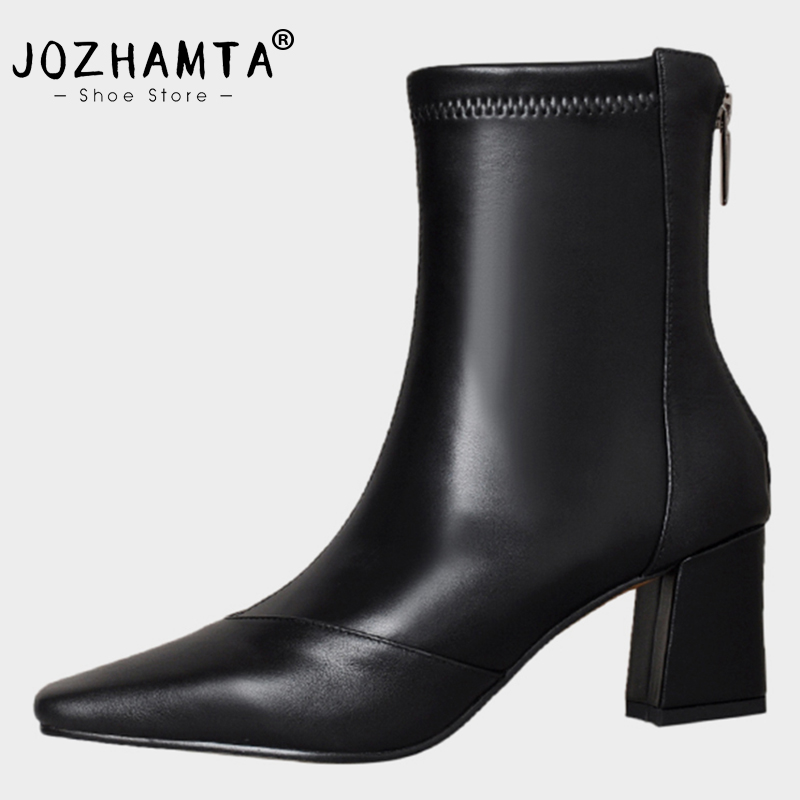 JOZHAMTA Size New 34-39 Women Ankle Real Leather Square Tow High Heels Shoes Woman Winter Fashion Casual Office Elastic Boots