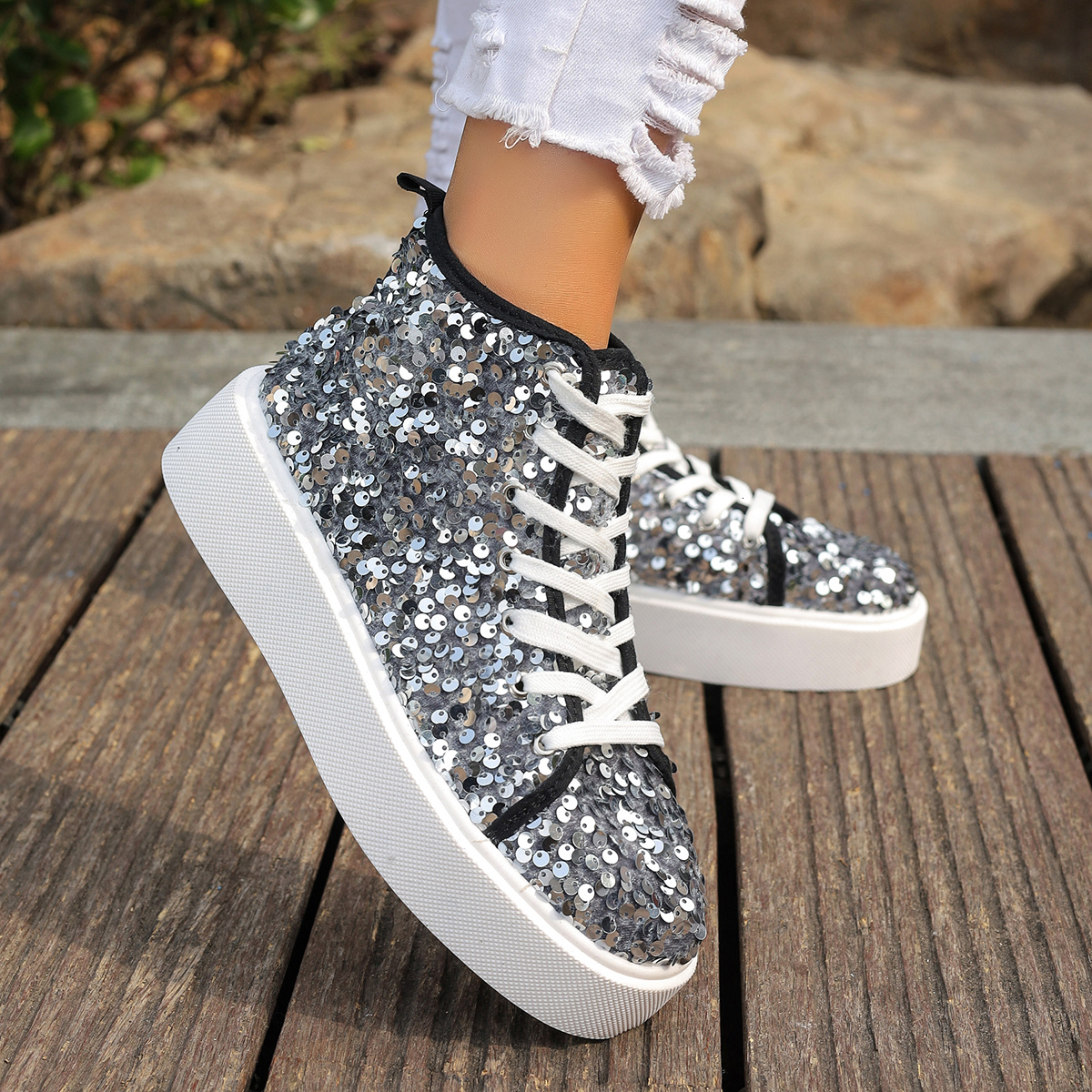 Female High-top Canvas Fashion Student Golden Sequins Platform Vulcanized Casual Running Sneakers Women Flat Shoes