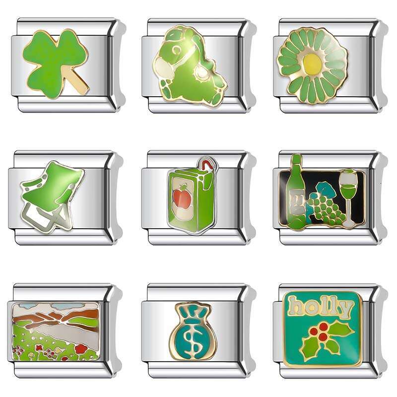 New Women's Gift Green Flower Earth Red Wine Bead Italian Charms Links Bangle Beads Fit 9mm Stainless Steel Bracelet Making DIY For Women accesso