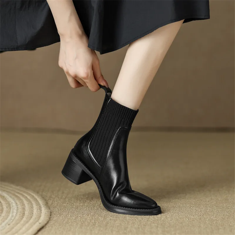 New Spring Autumn Split Leather Women Shoes Pointed Toe Short Boots for Women Chunky Heel High Heel Boots Versatile Ladies Shoes