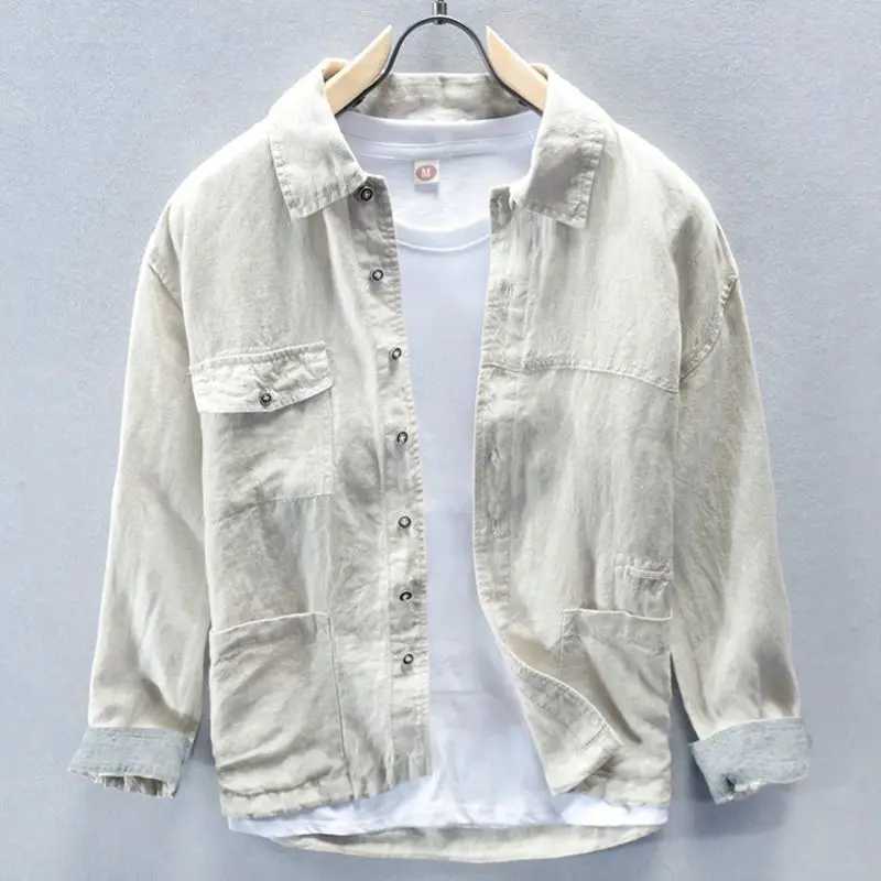 Spring/Summer New Fashionable Collar Long Sleeve Solid Fiber Flax Jacket Mens Clothing Button Casual Loose Korean Top W240914