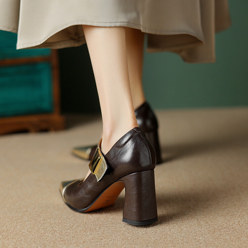 Spring/Autumn NEW Pumps Genuine Leather for New Women Pointed Toe Chunky Buckle High Heel Mary Janes Shoes 18ec