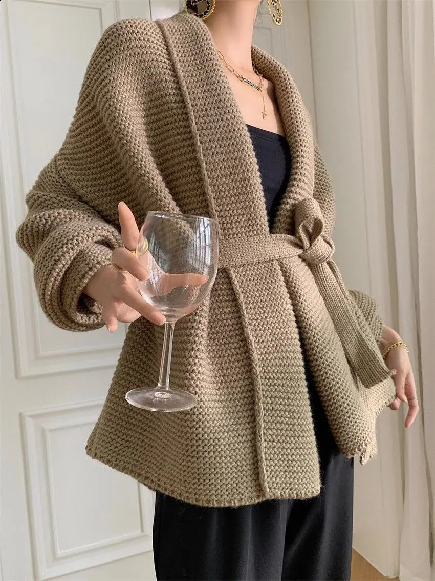 Knitted Cardigan Womens Autumn Winter Korean Vneck Waistband Tie Up Slimming Loose Ins Westernstyle Sweater Jacket 240904