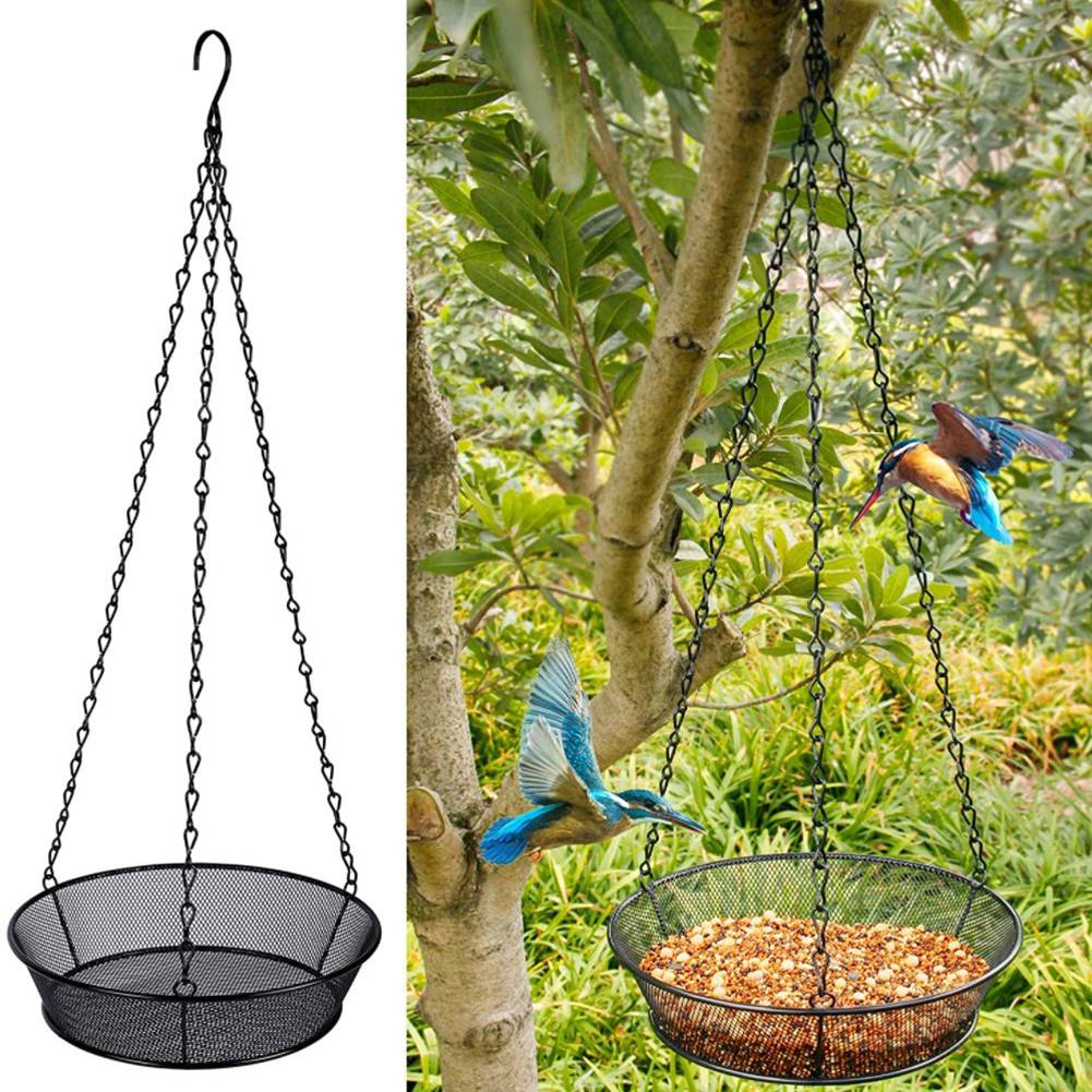 Hanging Bird Feeder Tray With 3 Sling Chain Hook Rust-proof Iron Mesh Platform Feeders Hanging Platform Bird Feeder Dish