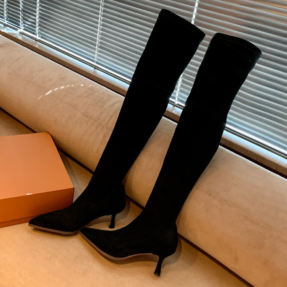 plus danxuefei size 34-42 women's stretch ck 6cm thin high hell pointed toe slip-on autumn over the knee boots shoes 347b