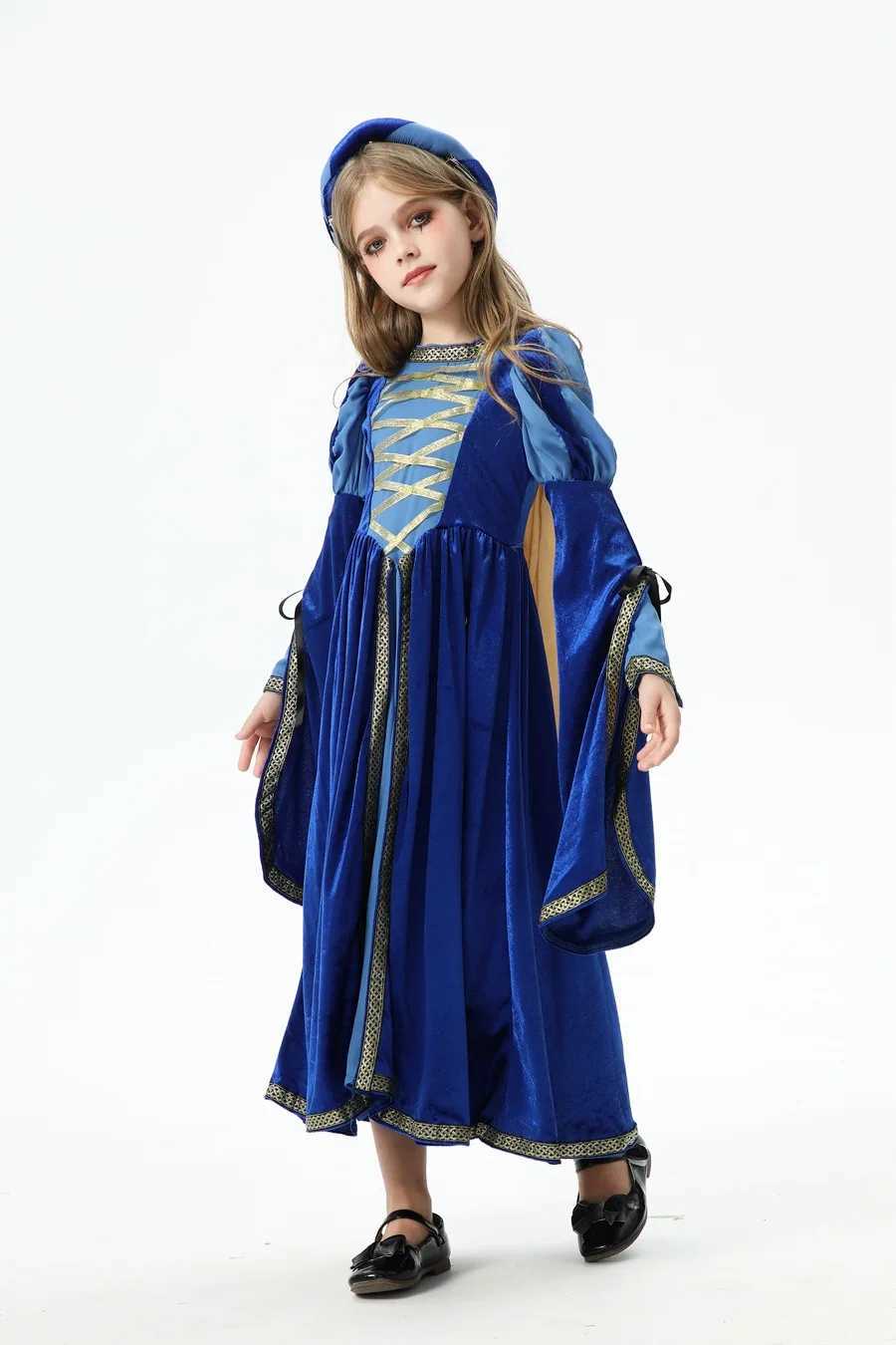 Childrens Vampire Costume Retro Palace Horror Witch Dress Medieval Renaissance Girls Halloween Role Playing Vampire Blue Dress Set W240914