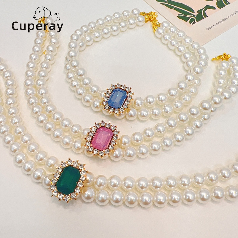 2 Rows Dog Cat Pearls Necklace Collars Bling Rhinestone Diamond Decor Pet Collar Necklace Pet Puppy Kitten Jewelry Accessories