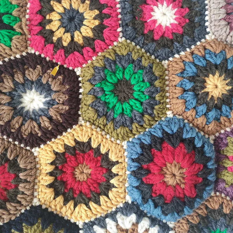 Bohemian Granny Square Crochet Womens Handbag Vintage Wooden Knitted Large 240913
