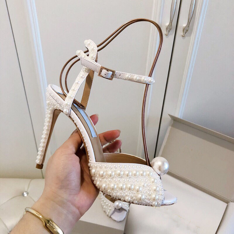 Luxury Summer Brand White Pearl Sandals Bridal Wedding Shoes Women Thin Stilettos Peep Toe Evening Party High Heels Top Quality