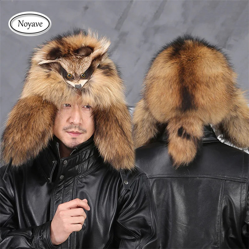 100% Real Fur Raccoon Fox Skin Russian Hats Pilot Bombers Full Mao Mens hat Ushanka Winter Ear Guard Hat Raccoon Fur Beanie Hat 240906