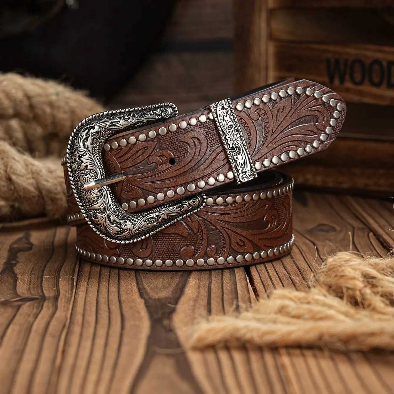 Western Cowboy PU Leather Belt - Men Waist Strap Bull Decoration Floral Engraved for JeansX240914