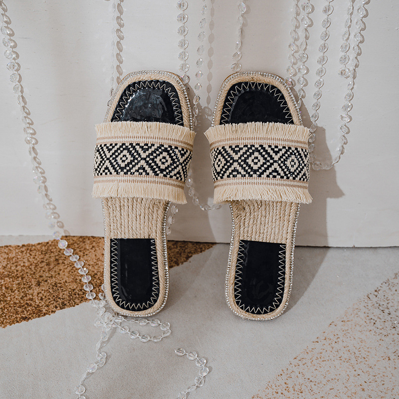 embroider knitting canvas slippers women bohemian fringe flip flops beach shoes woman straw bottom tassel sandalias mujer size43