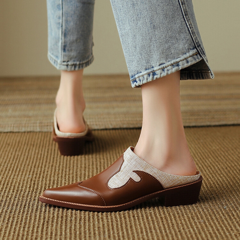 Covered Summer Toe Slippers Chunky Heel Mules Split Leather New for Women Sgback Sandals Handmade Shoes 074b