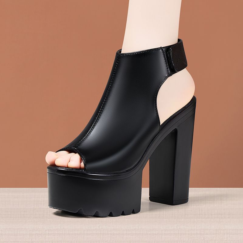14cm Small Size 33-43 Sexy Open Head Block High Heels Sandals 2024 Summer Soft Leather Chunky Platform Shoes for Model Party