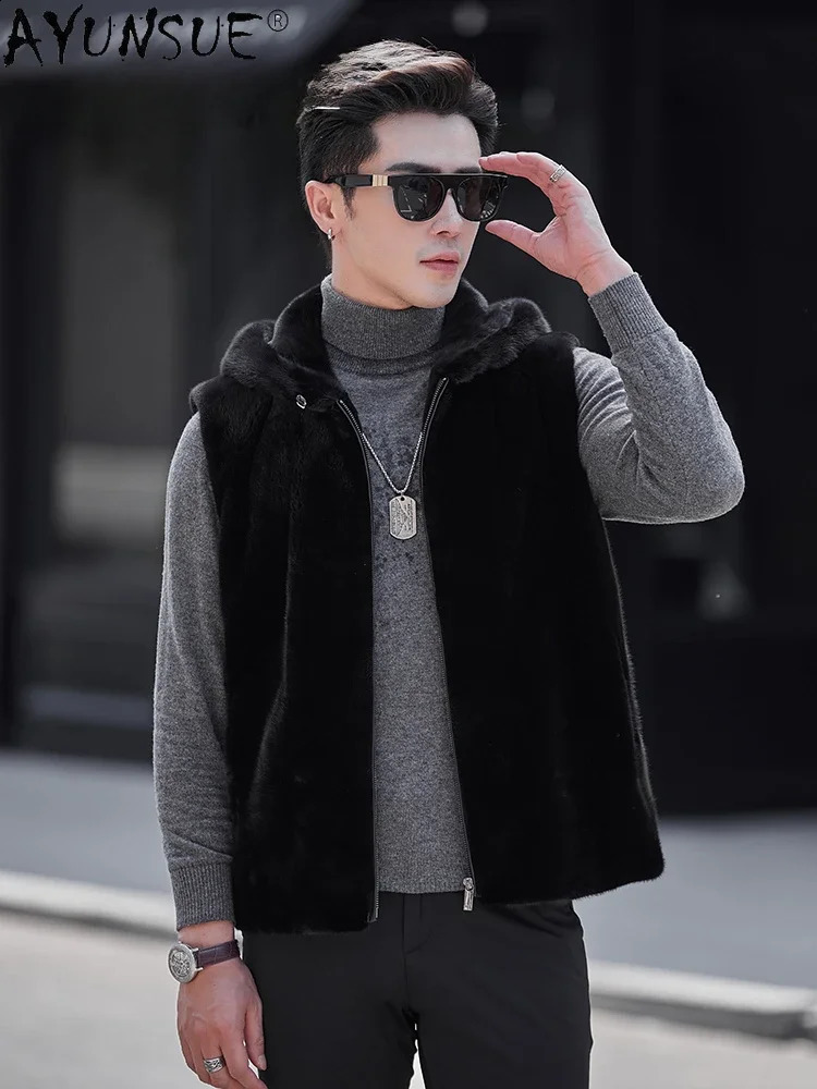 AYUNSUE Real Mink Fur Vest for Men Hooded Winter Autumn Natural Fur Coat Sleeveless Mink Fur Jacket Black Fur Coats 240905