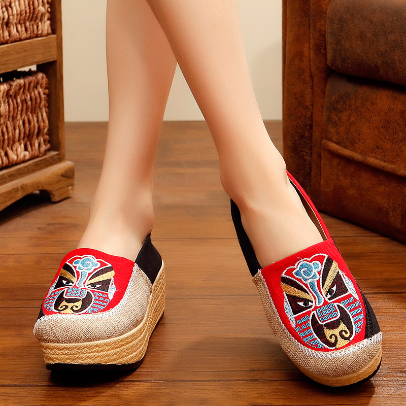 Shoes face Embroidered Women Canvas 5cm Flat Platform Vintage Handmade en Cotton Slip-on Sneakers Ladies Thick Bottom e06b