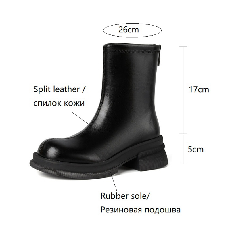 Winter NEW Round Toe High Shoes Split leather for Women Chunky Heel Black Warm Wool Boots 7447
