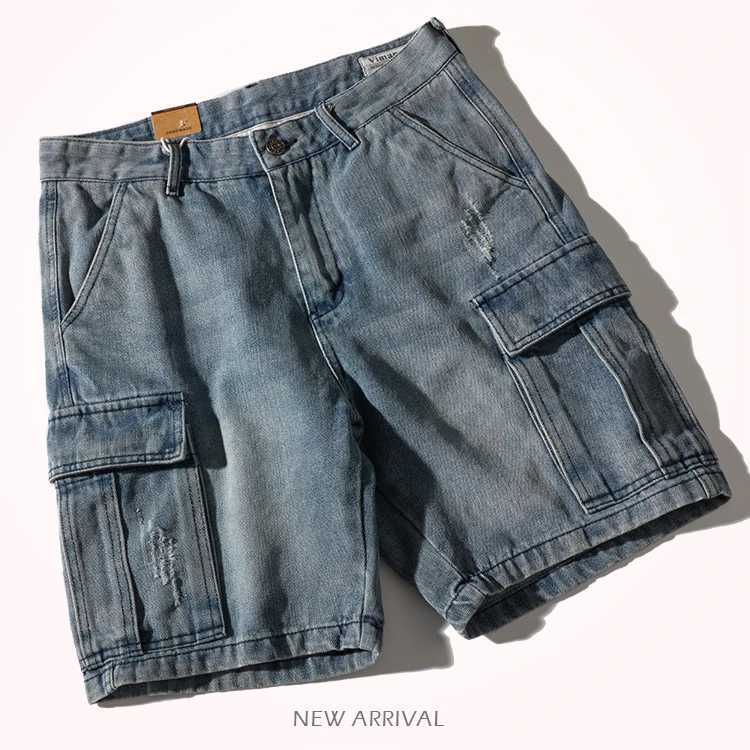 American Heavy Washed Cotton Denim Shorts for Men Loose straight half jeans pants 2024 Summer Vintage Cargo Workwear knee lengthX240914