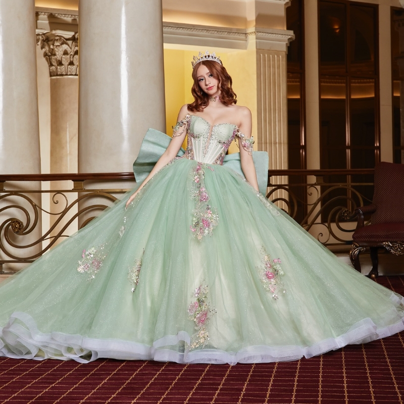 Mint Green Shiny 2025 Quinceanera Dresses Applique Lace Crystal Bow Tull Ball Gown Bride Robe Party Birthday Vestidos 15 De Anos Sweet 16 Dress