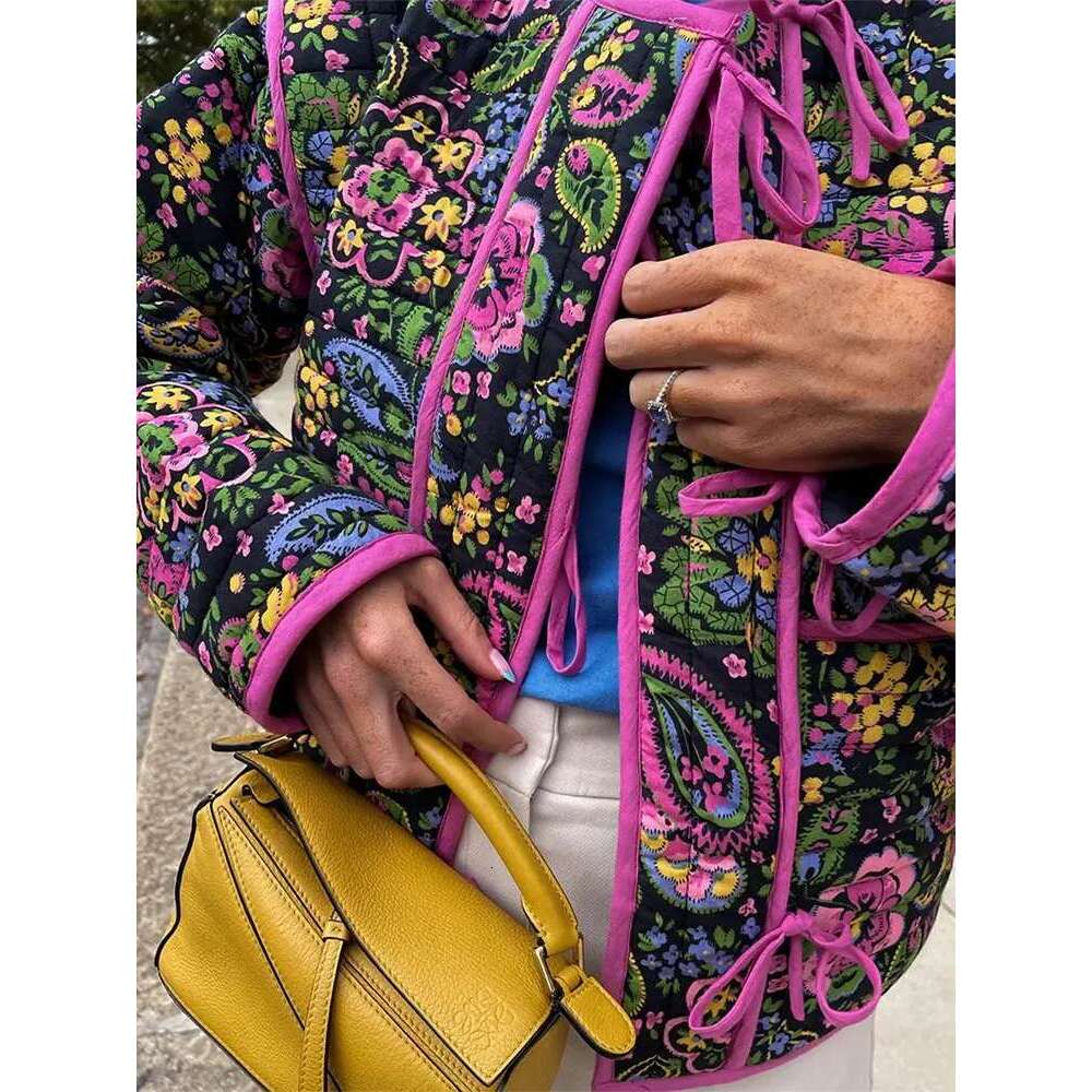New Women's Vintage Print Bow Lace-Up Cotton Coats Elegant O-Neck Full Sleeve Pockets Jackets Fall Winter Lady Warm Coat