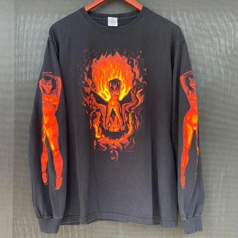 2000s long sleeve t shirts Y2K vintage print pattern Streetwear oversized shirt gothic Hip Hop men women Loose Punk 240913