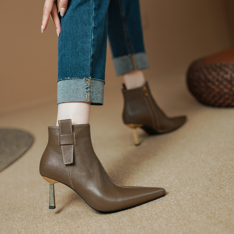 2024 High Heels Women Thin Heel Short Genuine Winter Modern Leather Shoes Ladies Ankle Boots 7dde